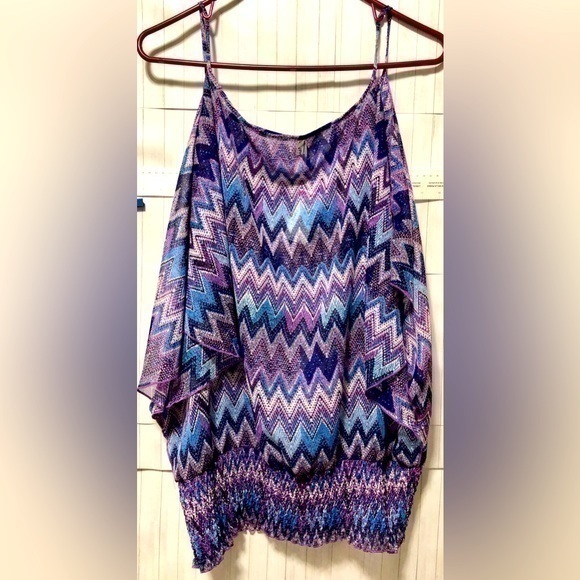 Myths Tops - 🍉 Myth NYC Purple Blue Chevron Open Shoulder Gathered Waist Shirt